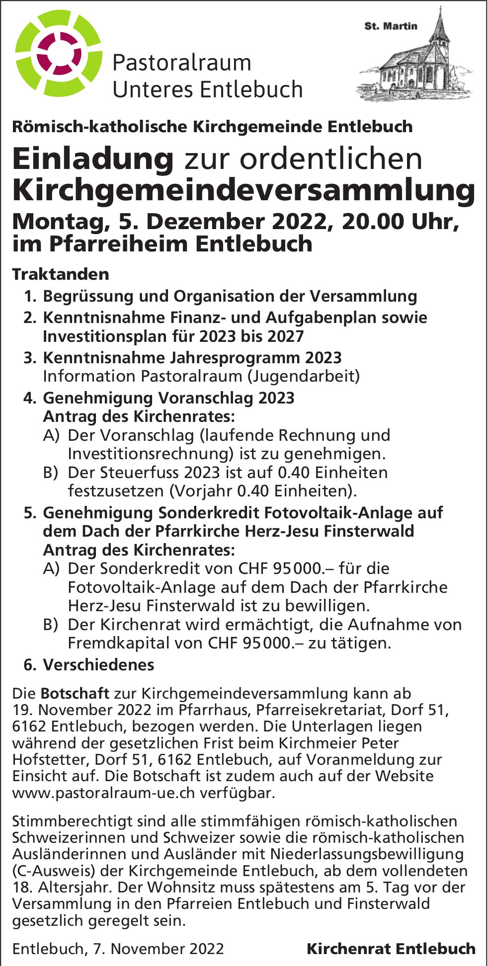 Einladung Zur Ordentlichen Kirchgemeindeversammlung, 5. Dezember ...