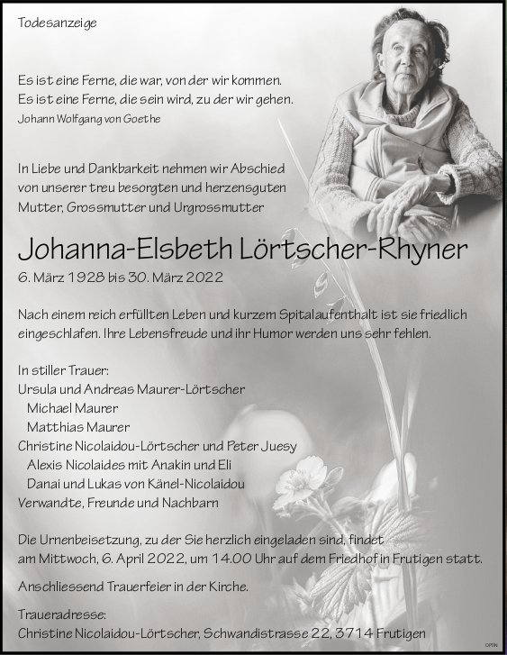 Johanna-Elsbeth Lörtscher-Rhyner, März 2022 / TA
