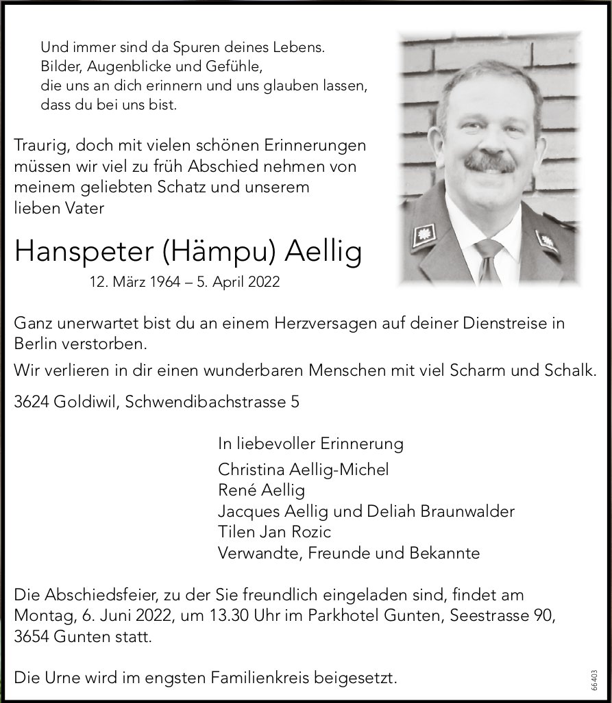 Hanspeter (Hämpu) Aellig, April 2022 / TA