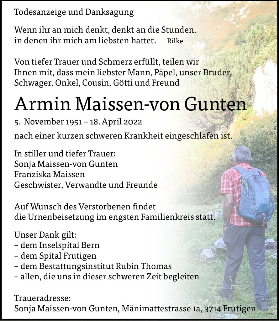 Armin Maissen-von Gunten, April 2022 / TA + DS
