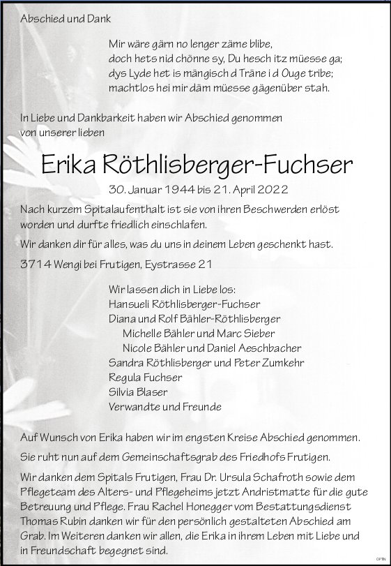 Erika Röthlisberger-Fuchser, April 2022 / TA