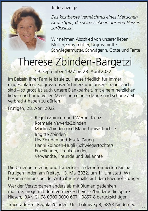Therese Zbinden-Bargetzi, April 2022 / TA