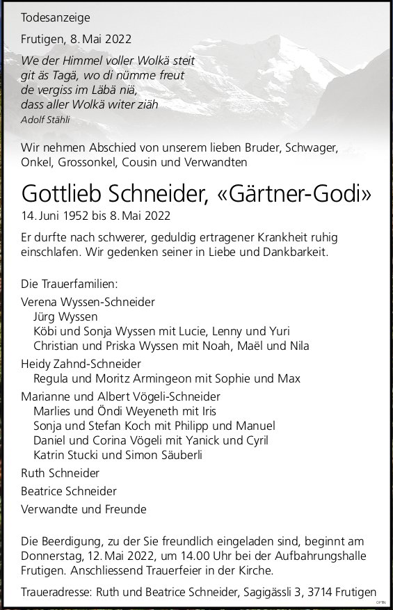 Gottlieb Schneider, «Gärtner-Godi», Mai 2022 / TA