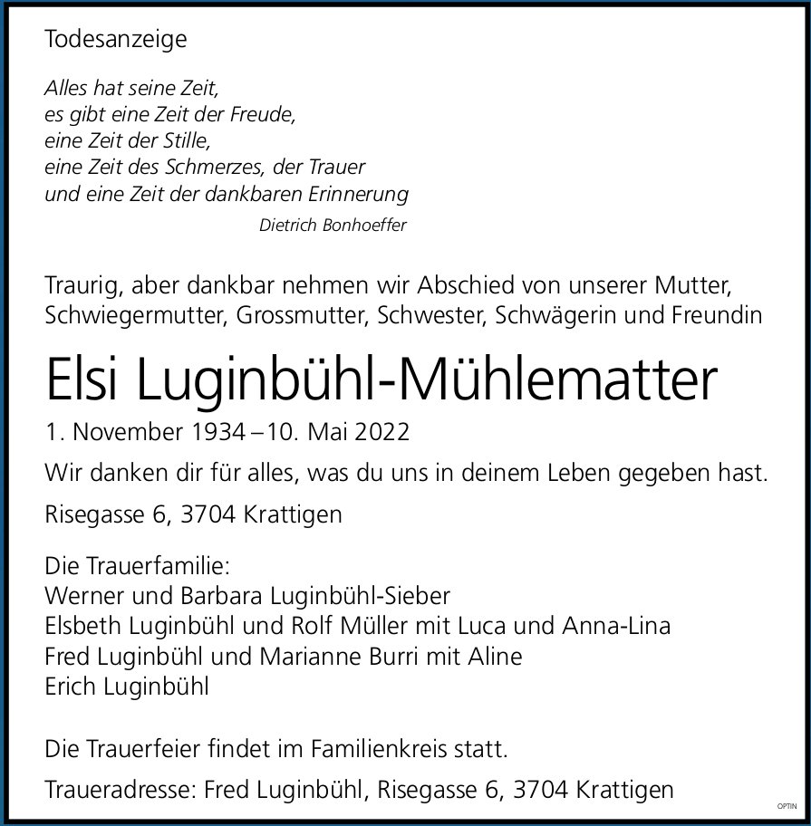 Elsi Luginbühl-Mühlematter, Mai 2022 / TA