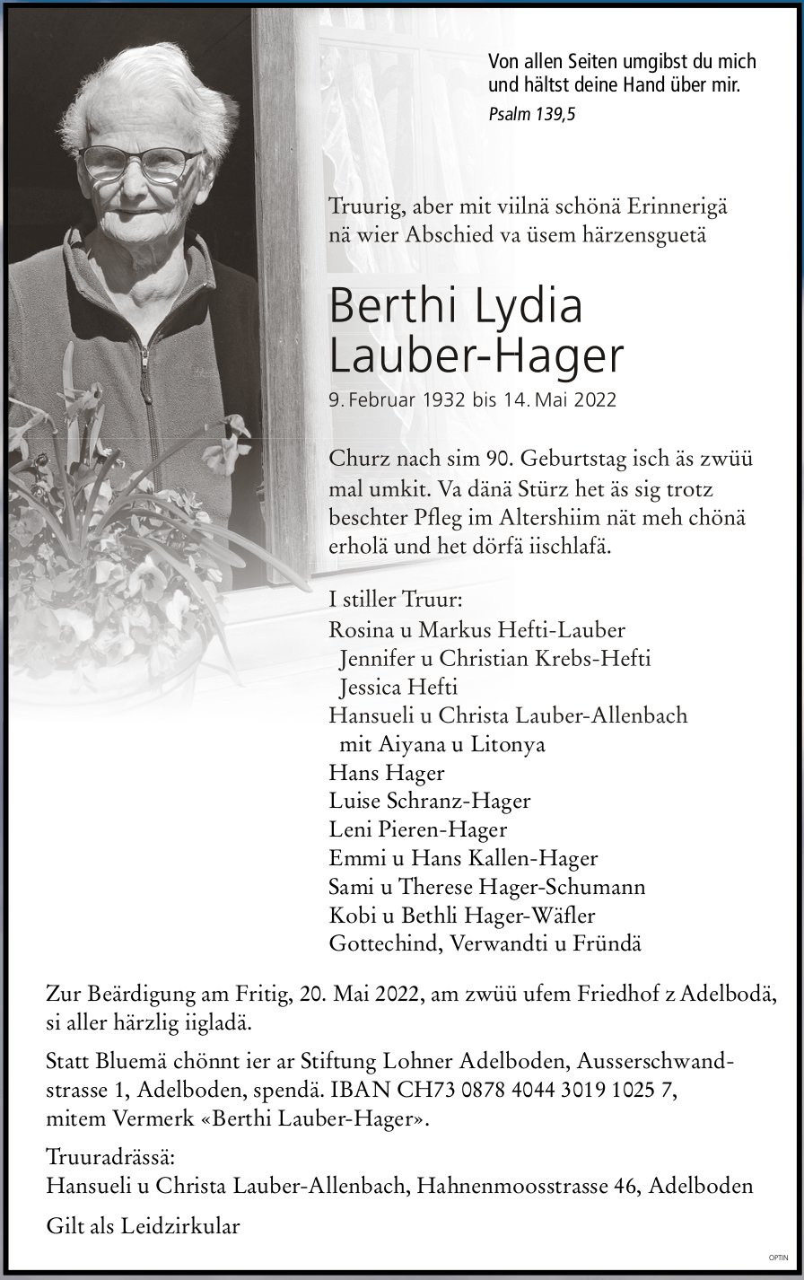 Berthi Lydia Lauber-Hager, Mai 2022 / TA