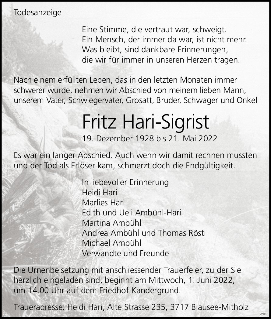Fritz Hari-Sigrist, Mai 2022 / TA