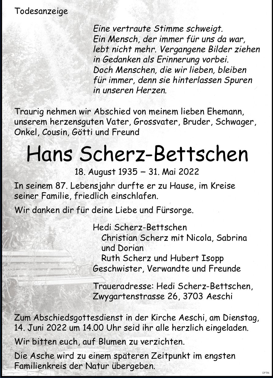 Hans Scherz-Bettschen, Mai 2022 / TA