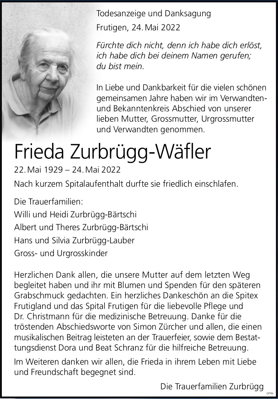 Frieda Zurbrügg-Wäfler, Mai 2022 / TA