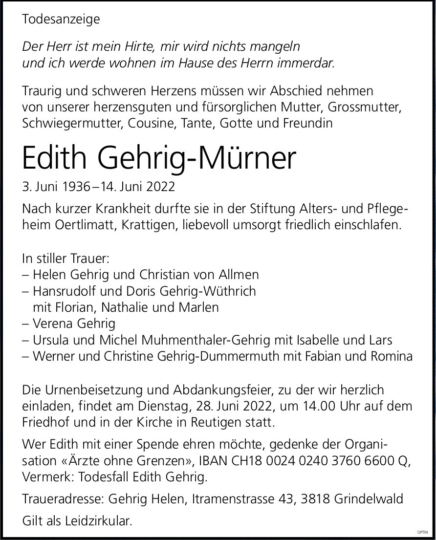 Edith Gehrig-Mürner, Juni 2022 / TA