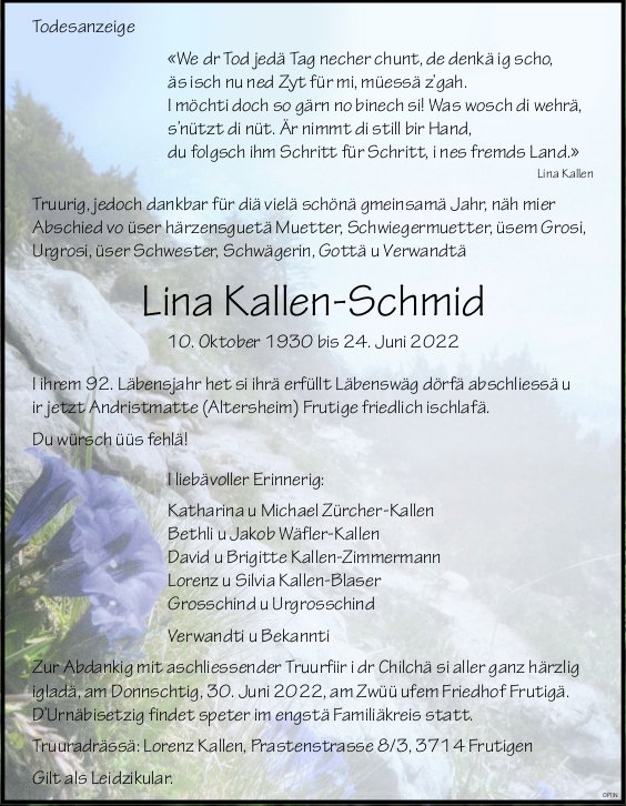 Lina Kallen-Schmid, Juni 2022 / TA