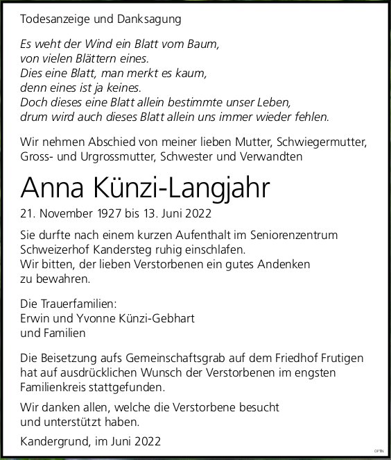 Anna Künzi-Langjahr, Juni 2022 / TA