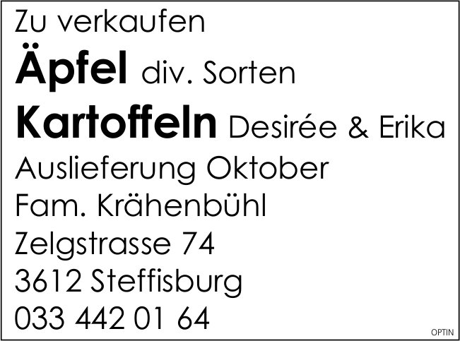 Fam. Kähenbühl, Steffisburg - Äpfel und Kartoffeln, zu verkaufen