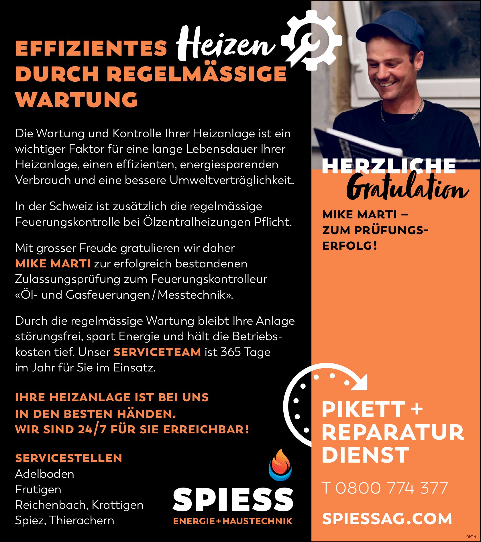 Spiess Energie + Haustechnik, Adelboden - Herzliche Gratulation, Mike Marti zum Prüfungserfolg