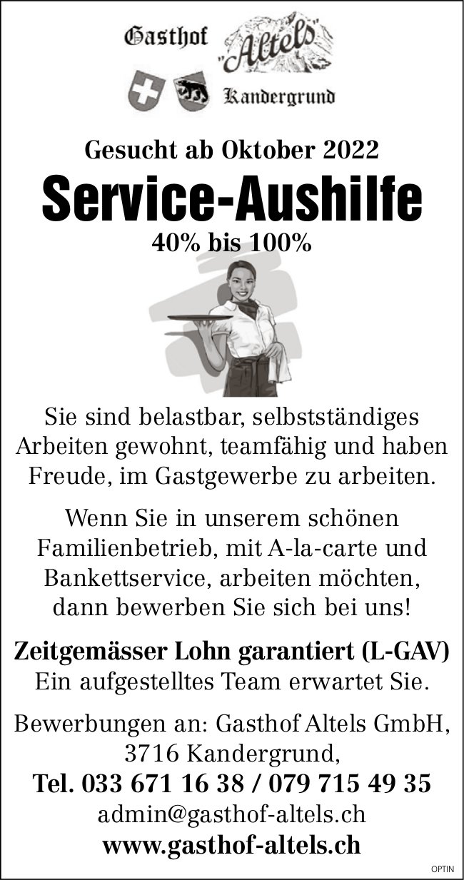 Service-Aushilfe 40-100%, Gasthof Altels GmbH, Kandergrund, gesucht