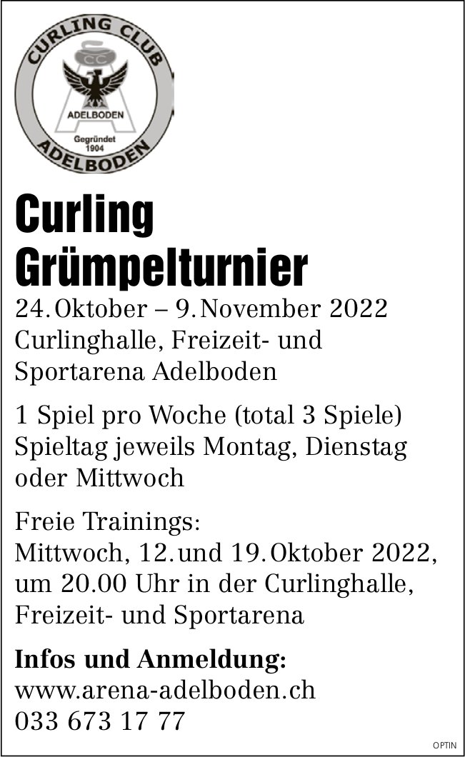 Curling Grümpelturnier, 24. Oktober bis 9. November, Curlinghalle, Freizeit- und Sportarena, Adelboden