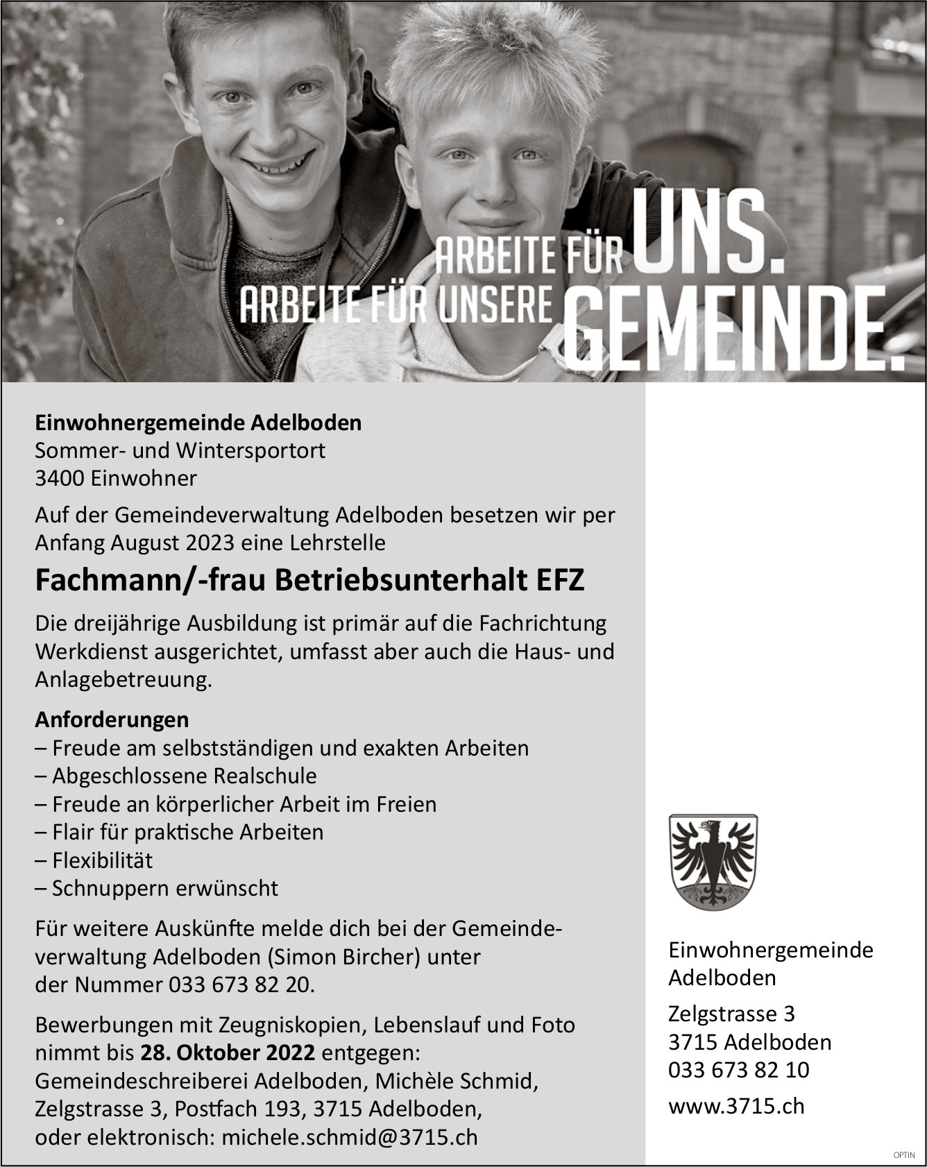 Lehrstelle als Fachmann/-frau Betriebsunterhalt EFZ, Gemeinde, Adelboden, zu vergeben