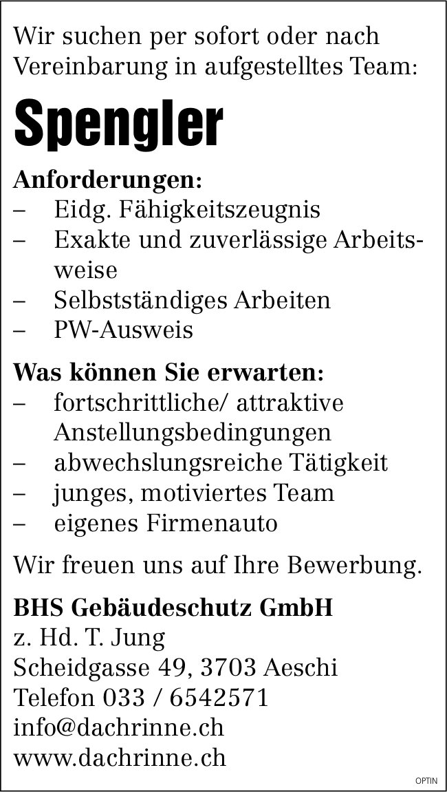 Spengler, BHS Gebäudeschutz GmbH, Aeschi, gesucht