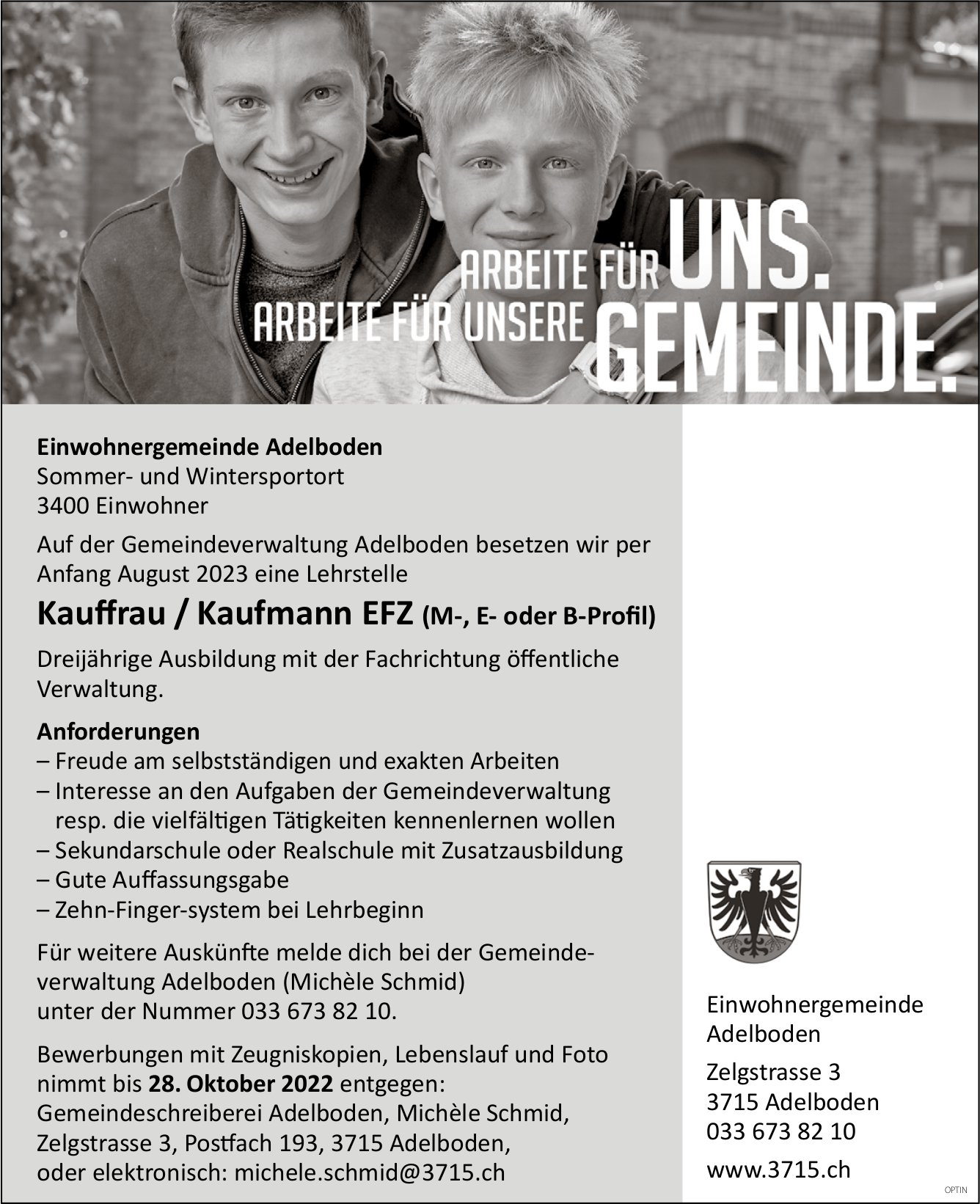 Lehrstelle als Kauffrau / Kaufmann EFZ (M-, E- oder B-Profil), Gemeinde, Adelboden,  zu vergeben