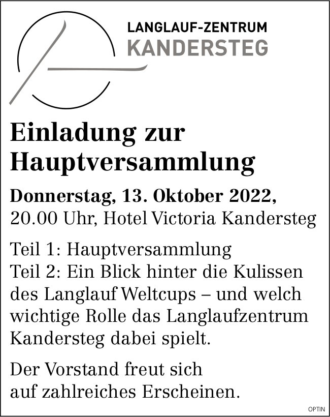 Hauptversammlung Langlauf-Zentrum, 13. Oktober, Hotel Victoria, Kandersteg