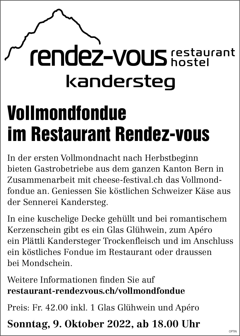 Vollmondfondue, 9. Oktober, Restaurant Hostel Rendez-Vous, Kandersteg