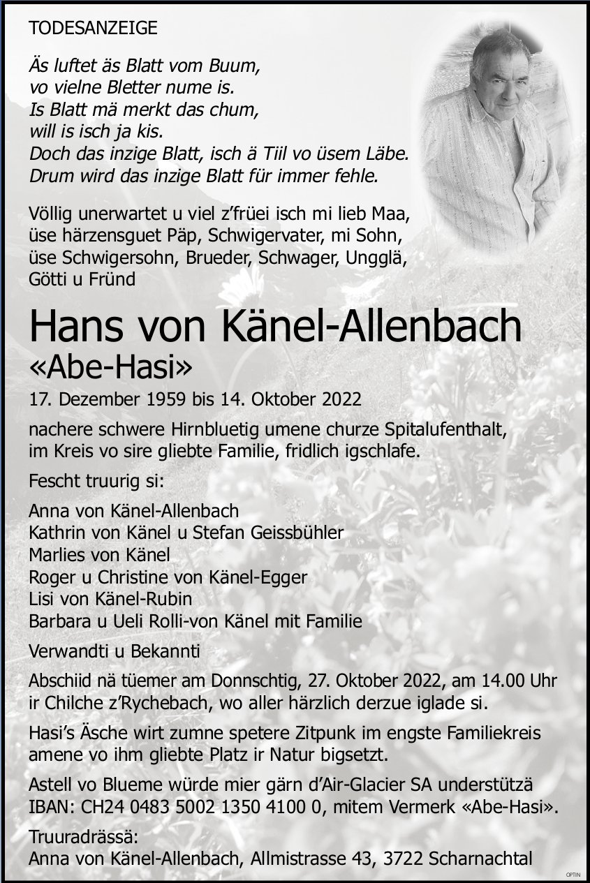 Hans von Känel-Allenbach, Oktober 2022 / TA