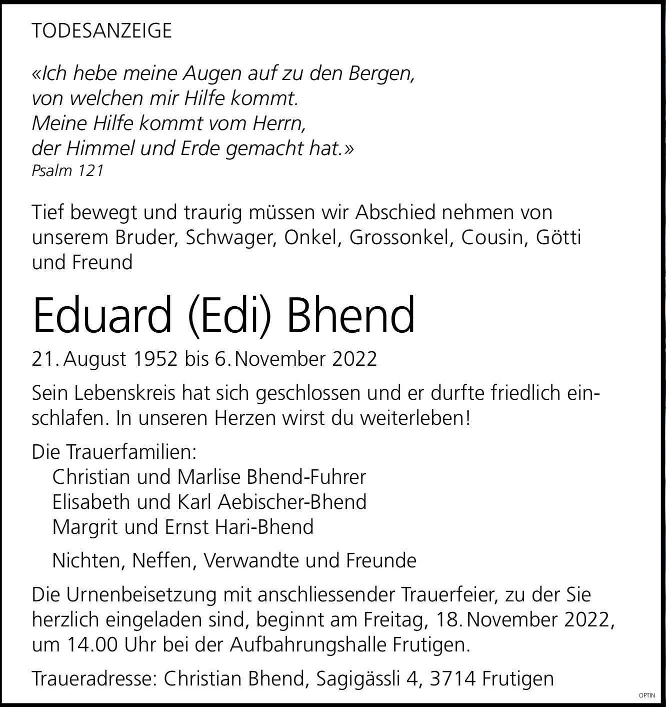 Eduard (Edi) Bhend, November 2022 / TA