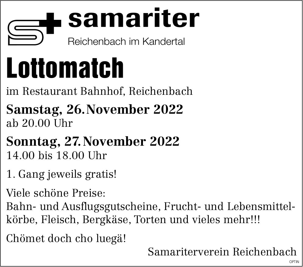 Lottomatch Samariter, 26. und 27. November, Restaurant Bahnhof, Reichenbach