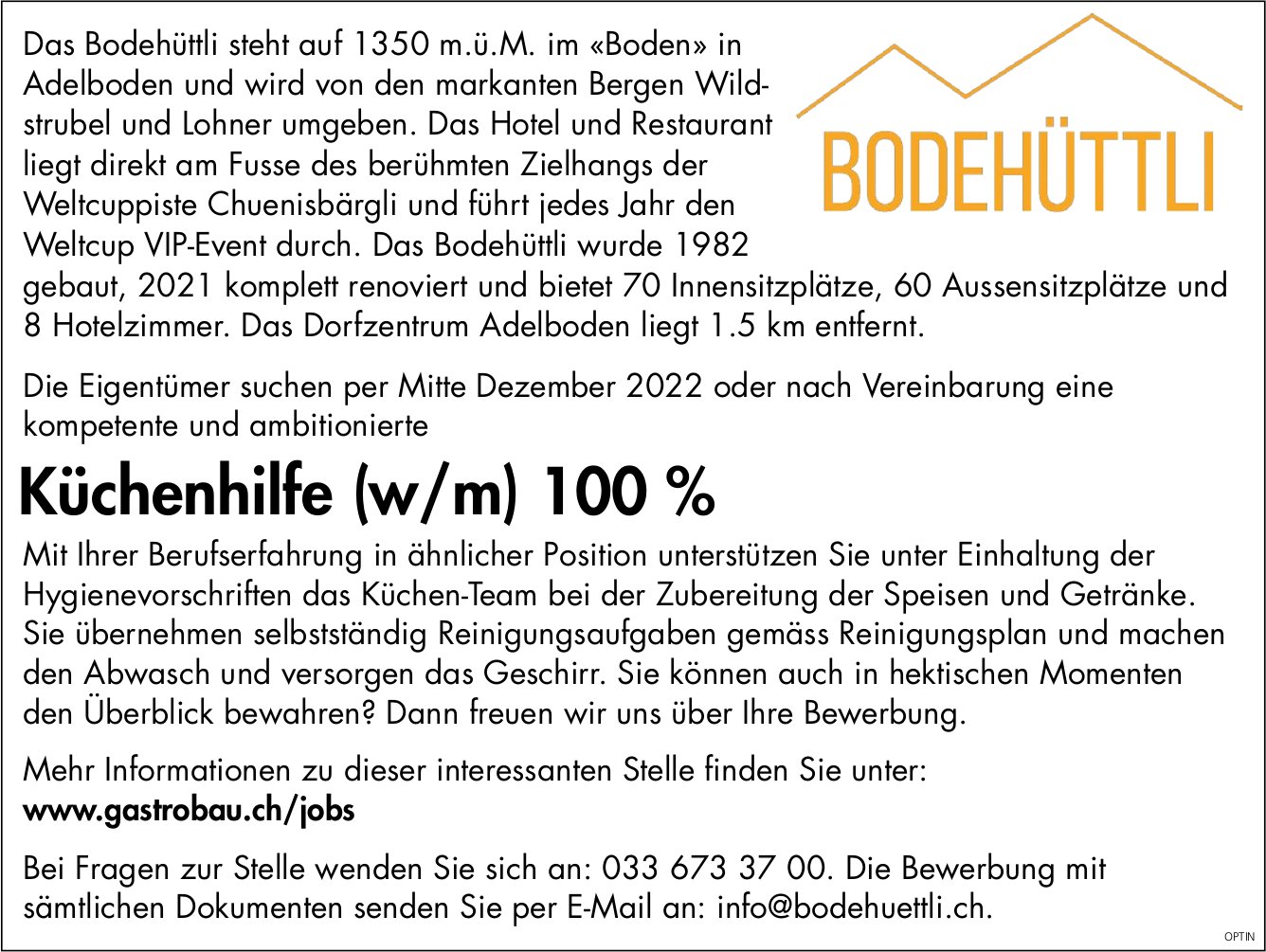 Küchenhilfe (w/m) 100 %, Bodehüttli, Adelboden, gesucht