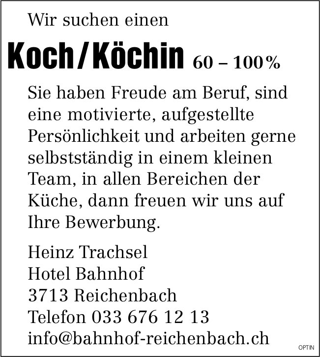 Koch/Köchin 60–100 %, Hotel Bahnhof, Reichenbach, gesucht