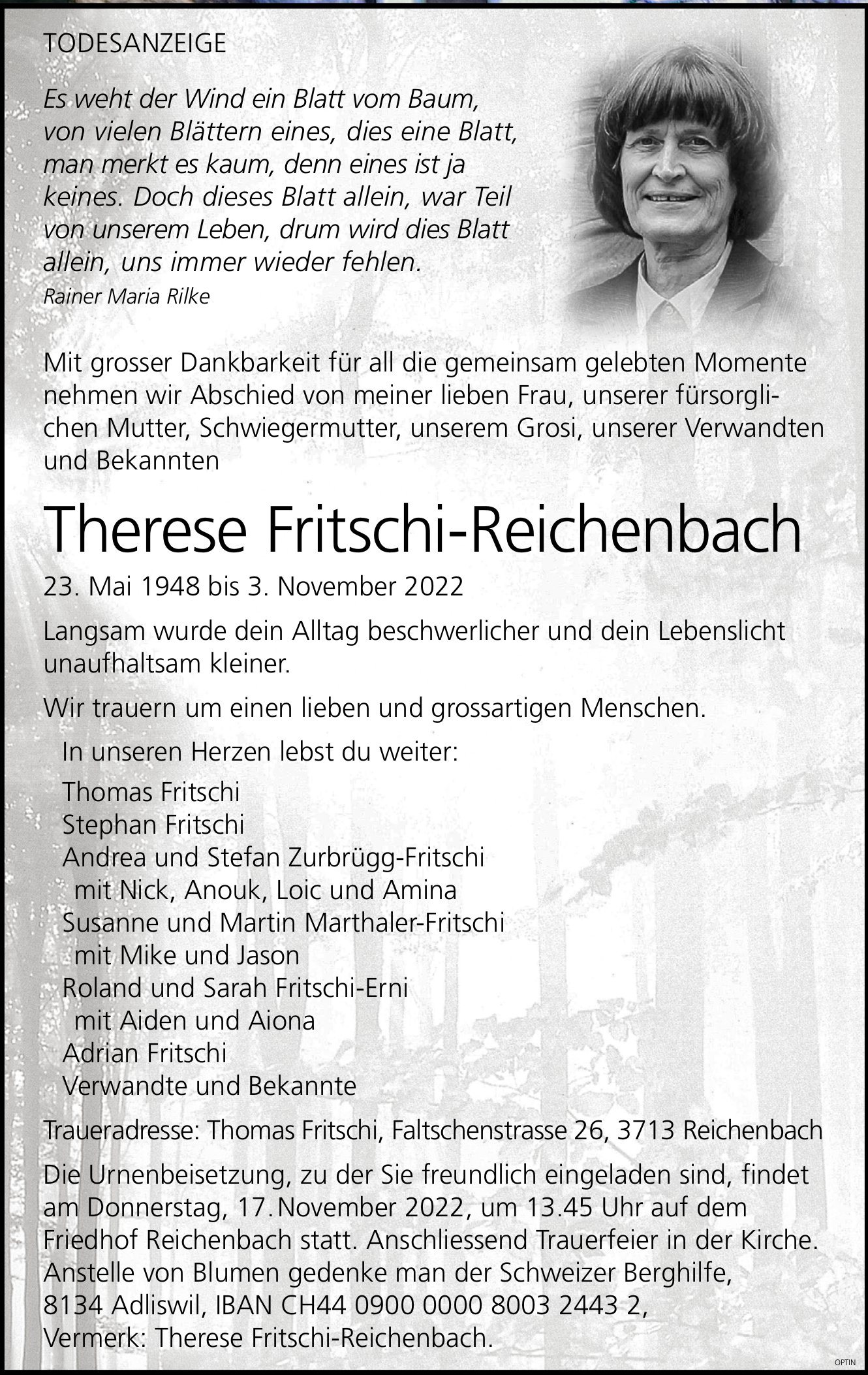 Therese Fritschi-Reichenbach, November 2022 / TA