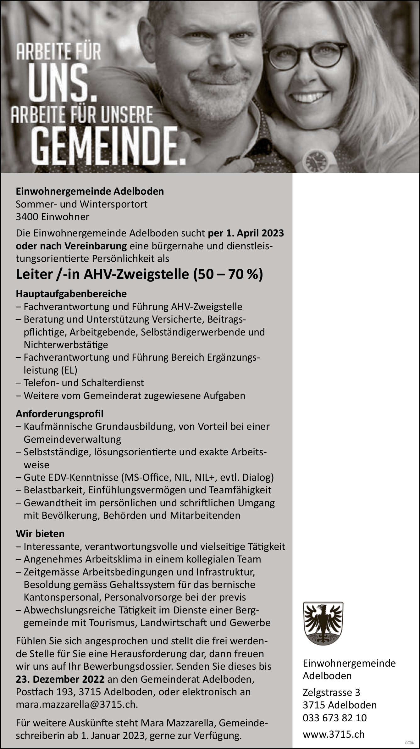Leiter /-in AHV-Zweigstelle (50–70 %), Gemeinde, Adelboden, gesucht