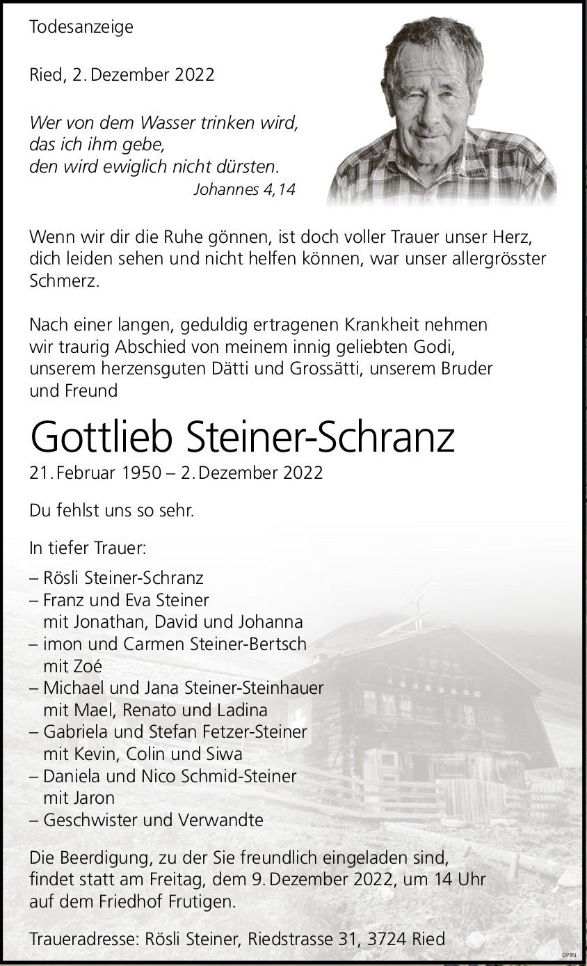 Gottlieb Steiner-Schranz, Dezember 2022 / TA