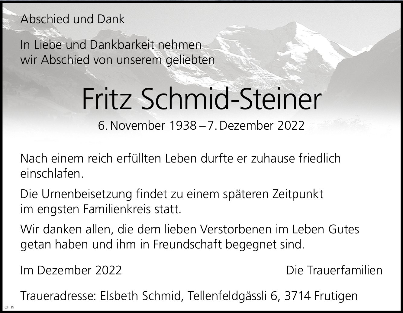 Fritz Schmid-Steiner, Dezember 2022 / TA + DS