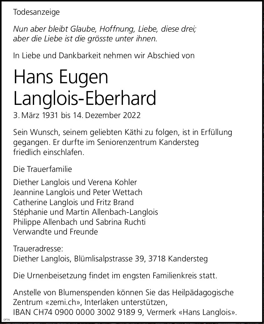 Hans Eugen Langlois-Eberhard, Dezember 2022 / TA