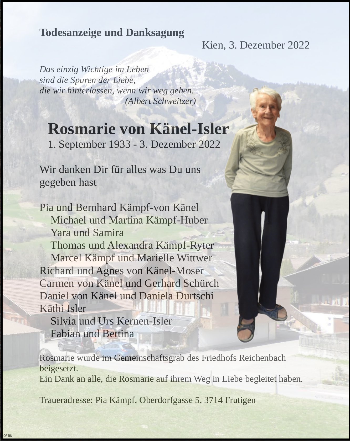 Rosmarie von Känel-Isler, Dezember 2022 / TA + DS
