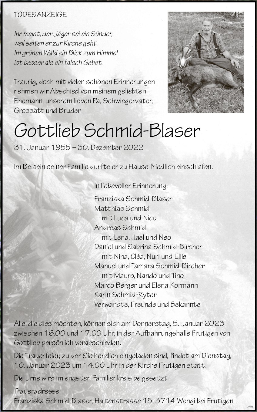Gottlieb Schmid-Blaser, Dezember 2022 / TA