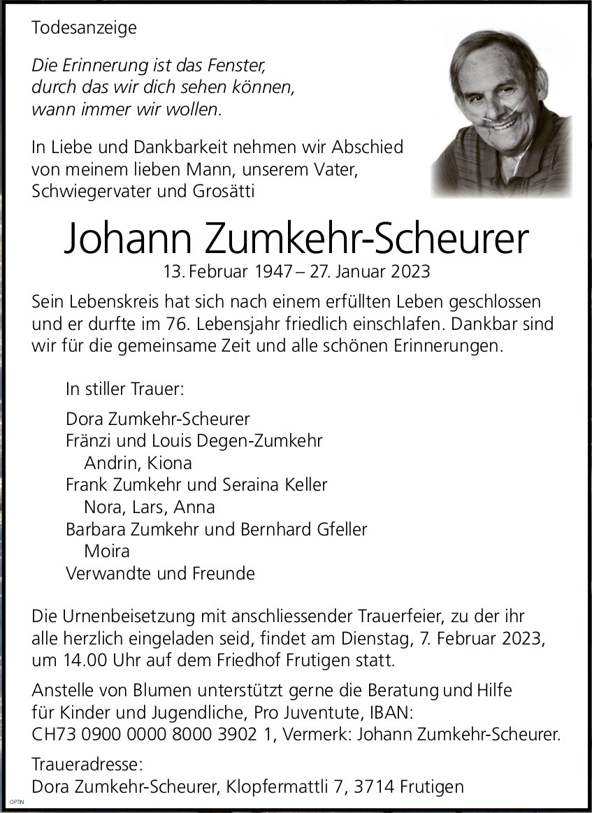 Johann Zumkehr-Scheurer, Januar 2023 / TA
