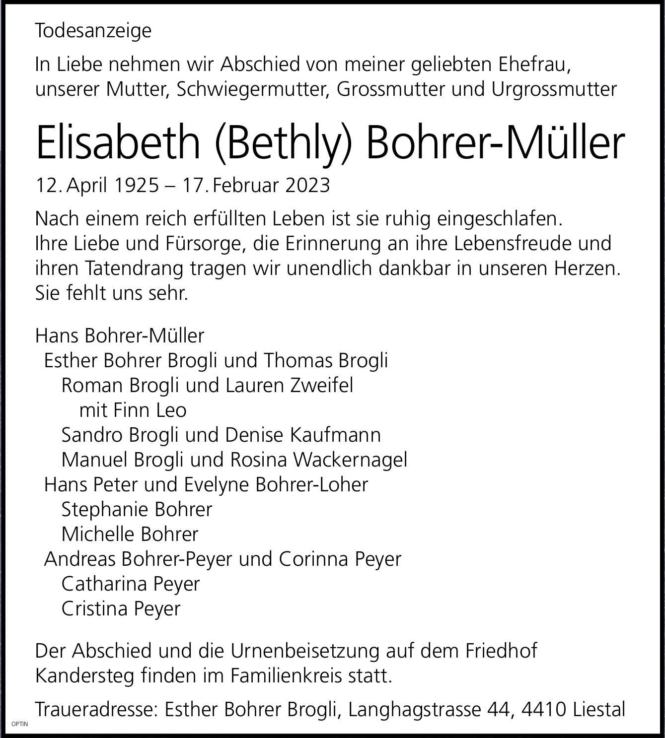 Elisabeth (Bethly) Bohrer-Müller, Februar 2023 / TA