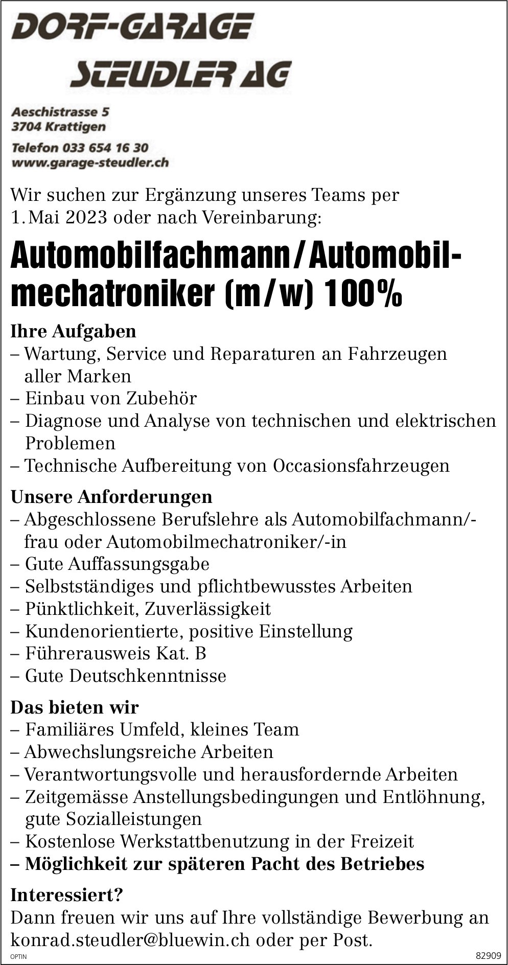 Automobilfachmann/Automobilmechatroniker (m/w) 100%, Garage Steudler, Krattigen, gesucht