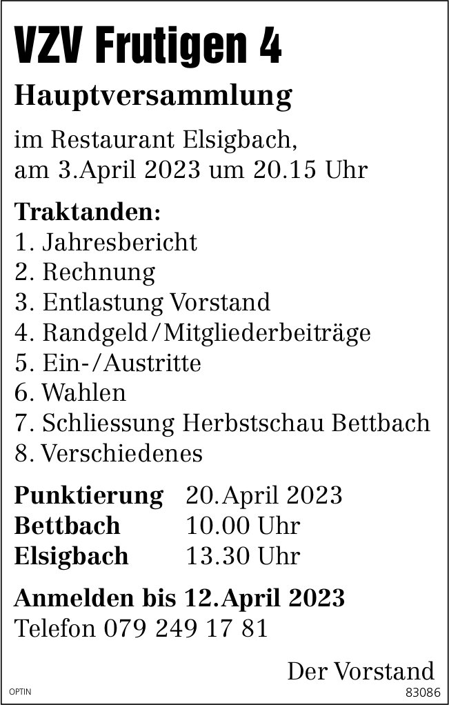 Hauptversammlung VZV Frutigen 4, 3. April, Restaurant Elsigbach
