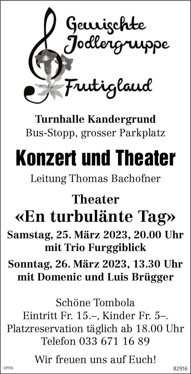 Konzert und Theater Gemischte Jodlergruppe, 25. und 26. März, Turnhalle, Kandergrund