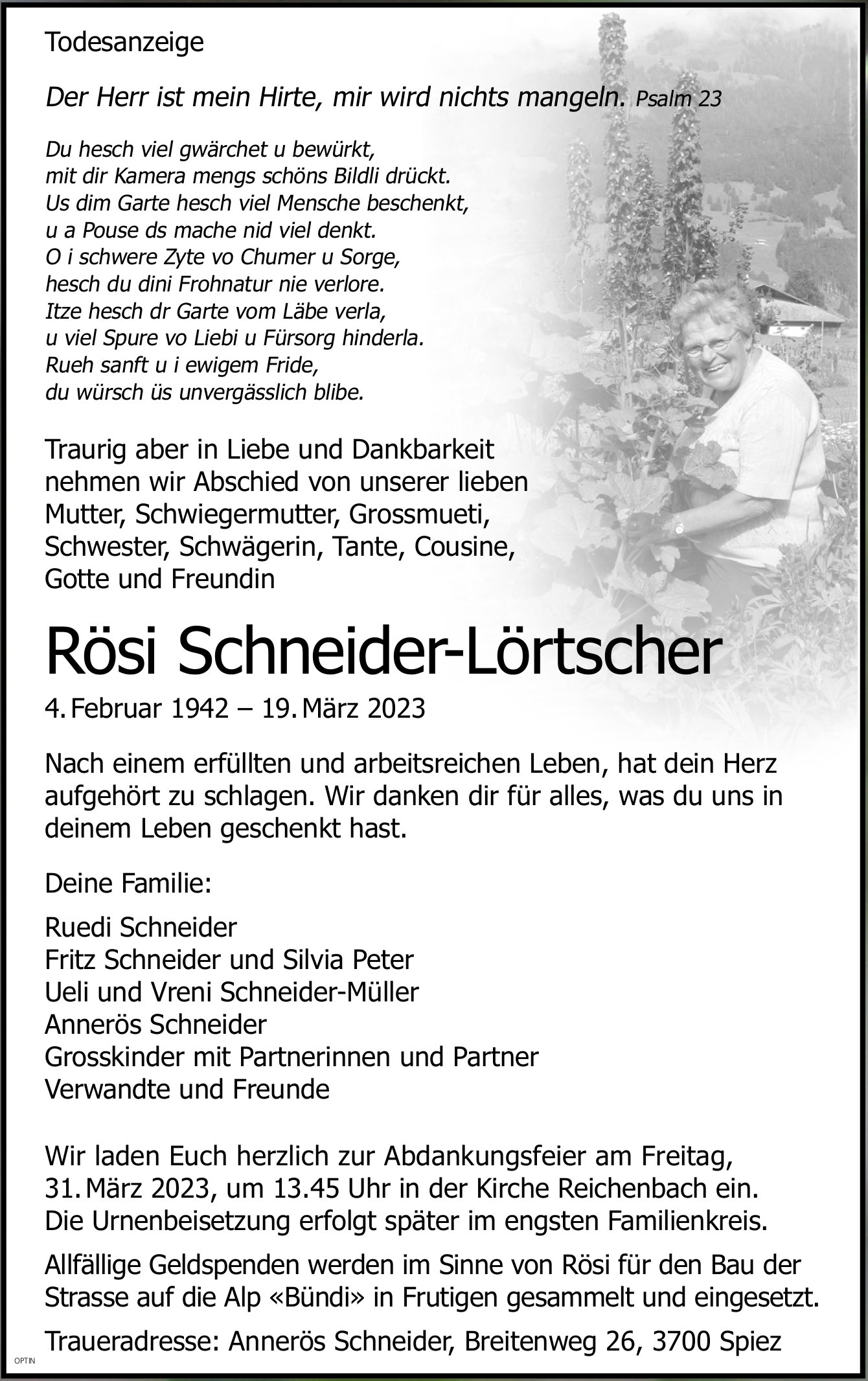 Rösi Schneider-Lörtscher, März 2023 / TA