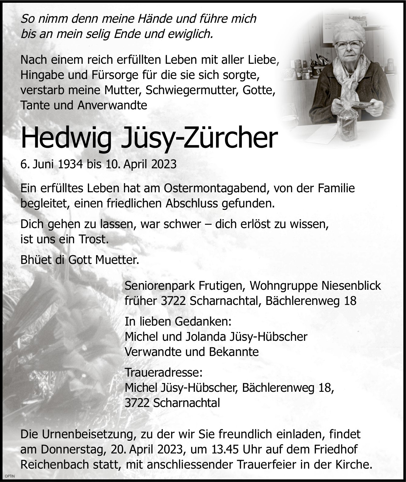 Hedwig Jüsy-Zürcher, April 2023 / TA
