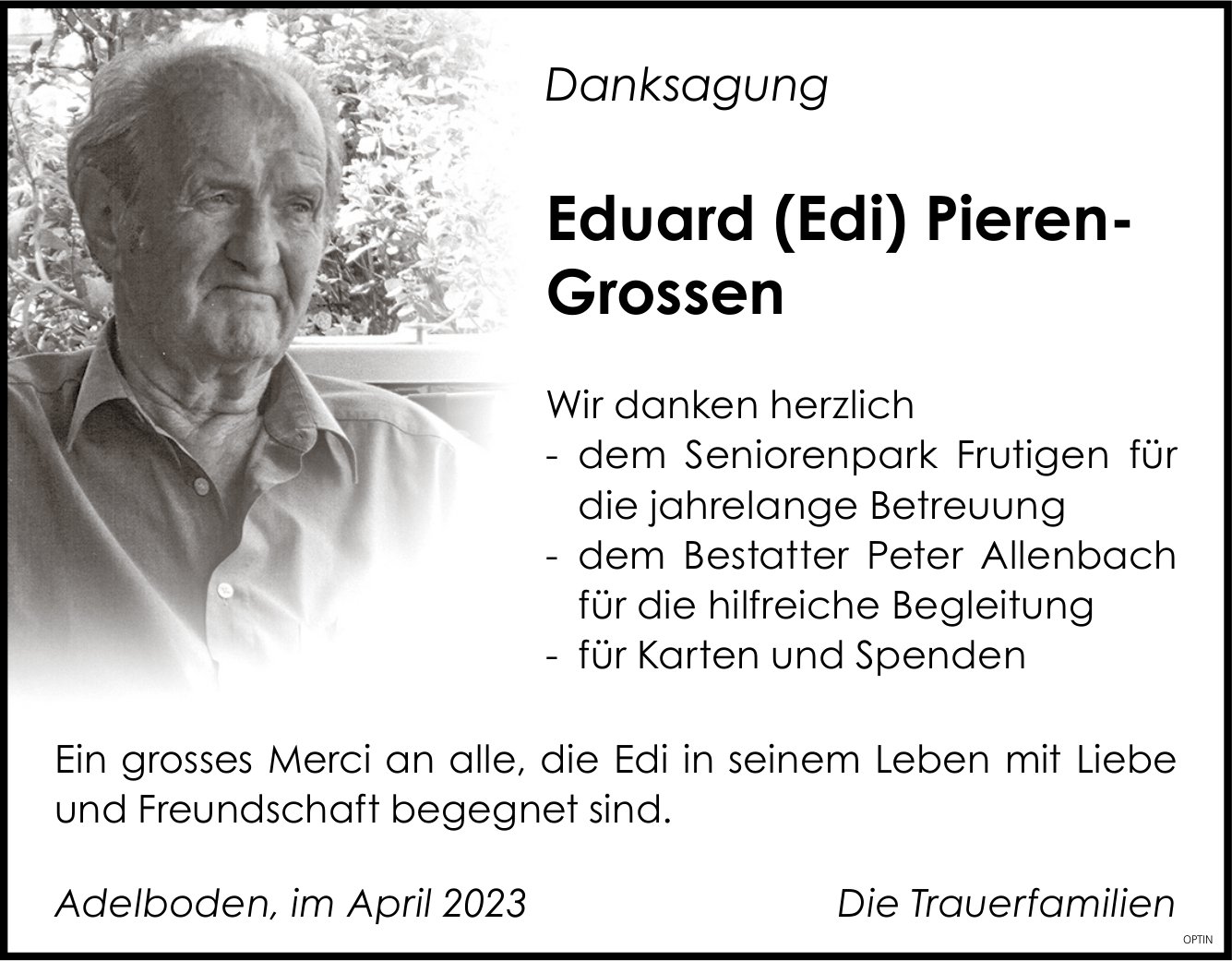Eduard (Edi) Pieren- Grossen, im April 2023 / DS