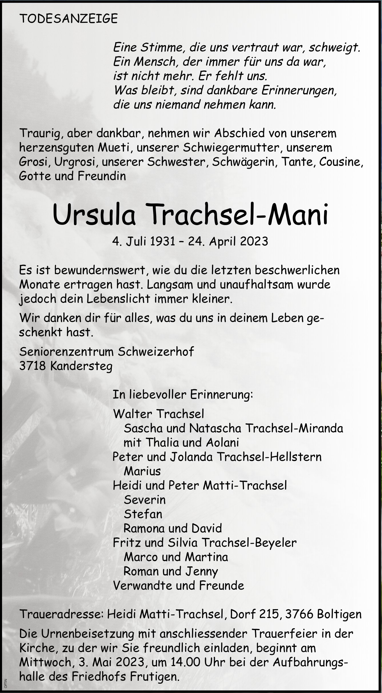 Ursula Trachsel-Mani, April 2023 / TA