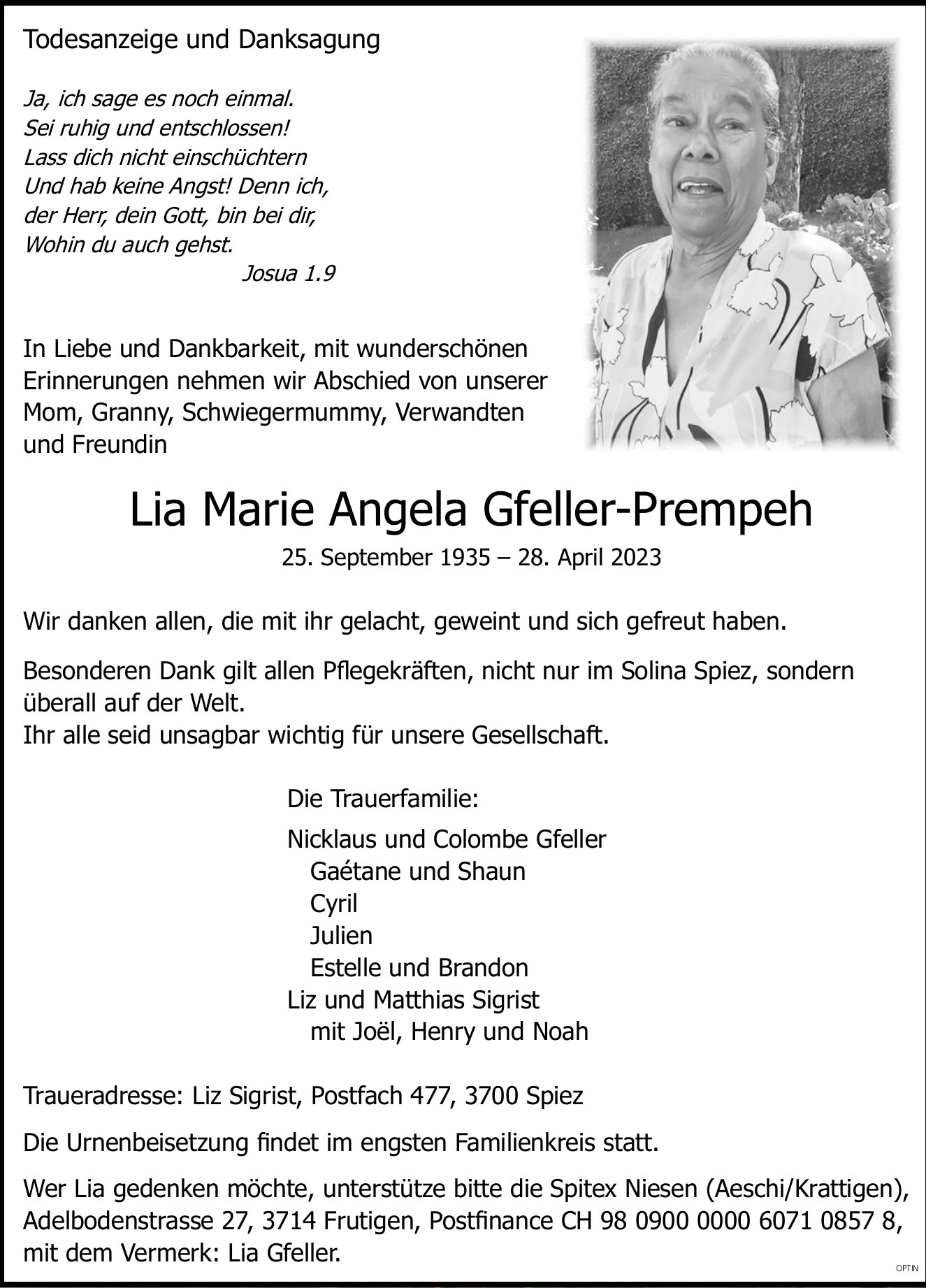 Lia Marie Angela Gfeller-Prempeh, April 2023 / TA + DS