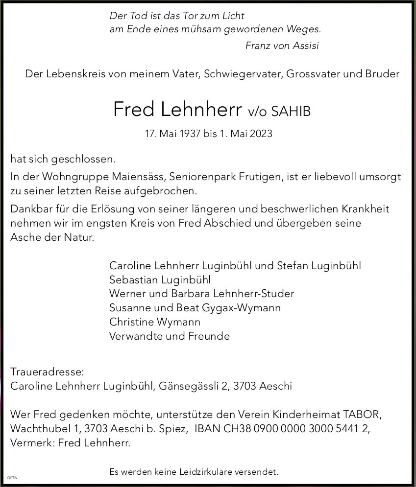 Fred Lehnherr, Mai 2023 / TA