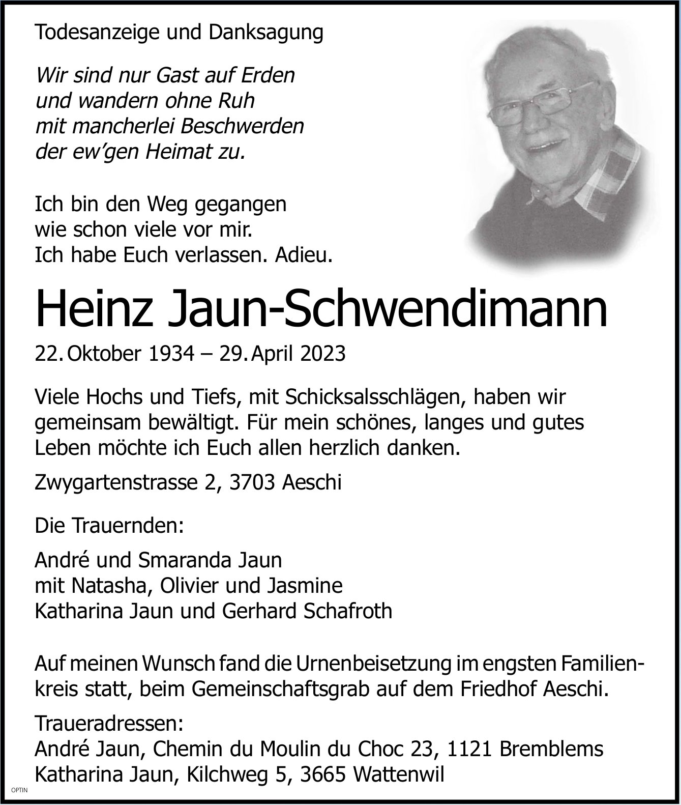 Heinz Jaun-Schwendimann, Mai 2023 / TA + DS