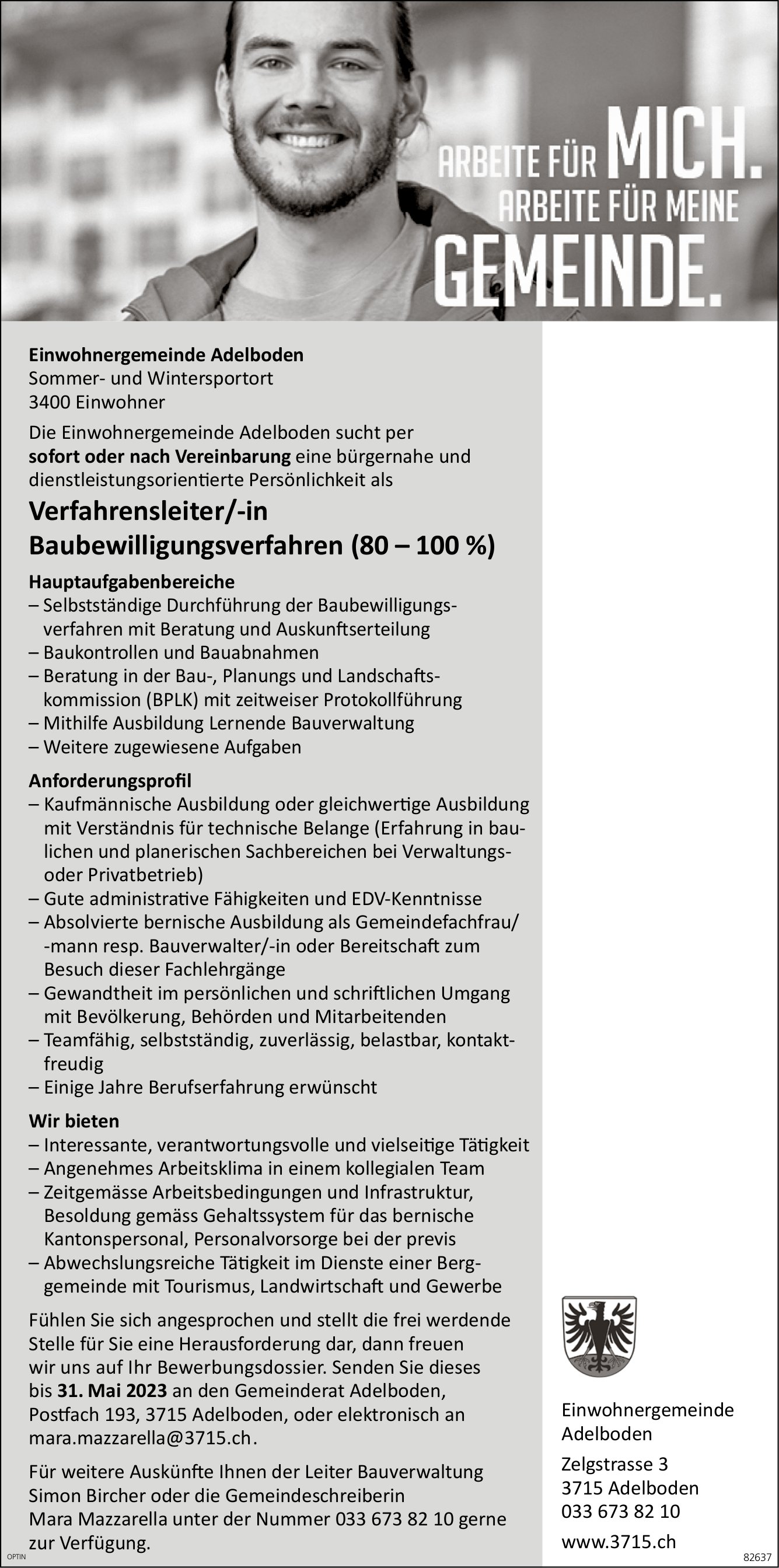 Verfahrensleiter/-in Baubewilligungsverfahren (80 – 100 %), Gemeinde, Adelboden, gesucht