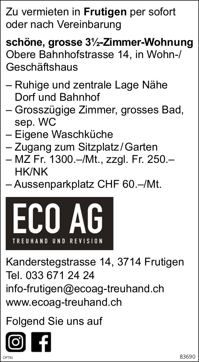 3.5-Zimmer-Wohnung, Frutigen, zu vermieten